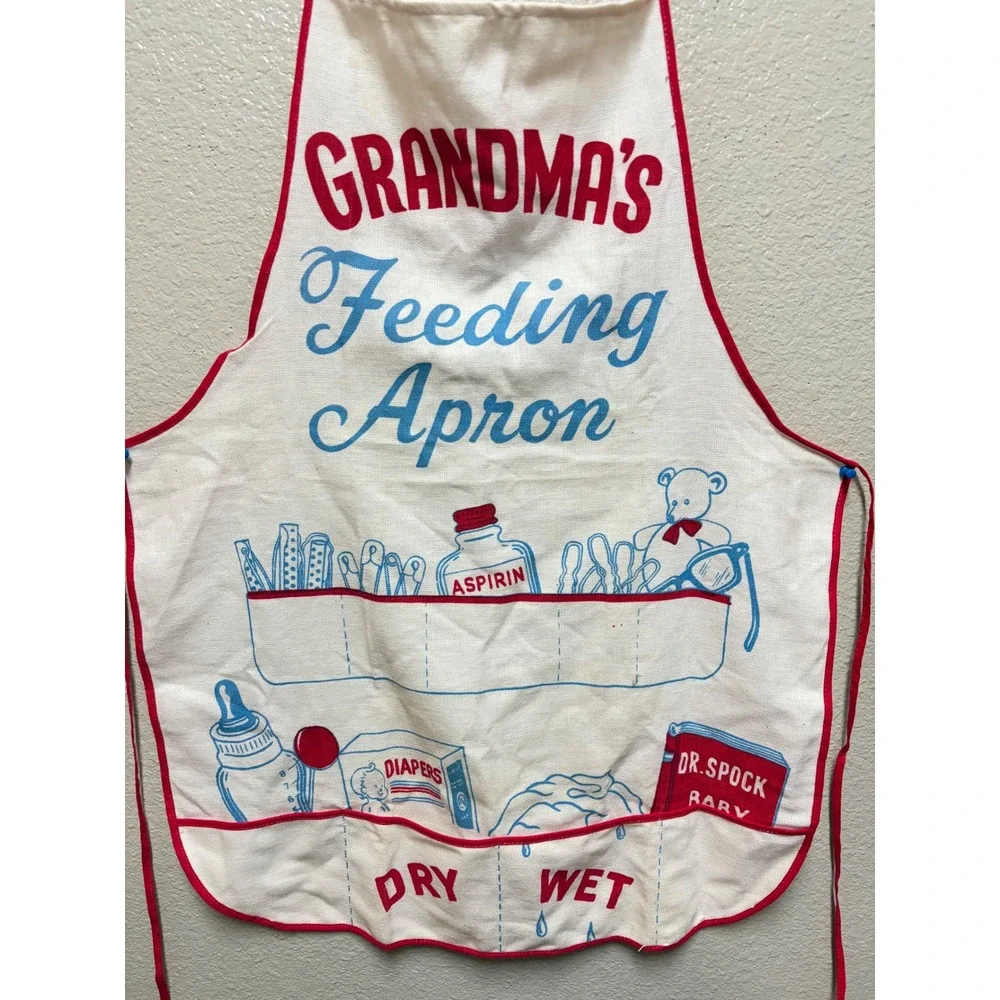 Vintage Grandmas Feeding Apron Novelty Baby Shower Gag Gift White Red Blue